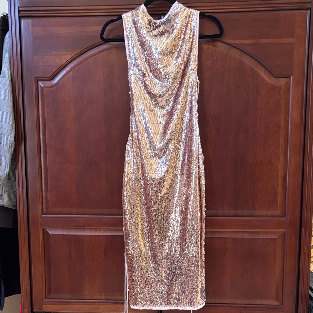 WOW Couture Shimmering Gold Sequin Midi Dress